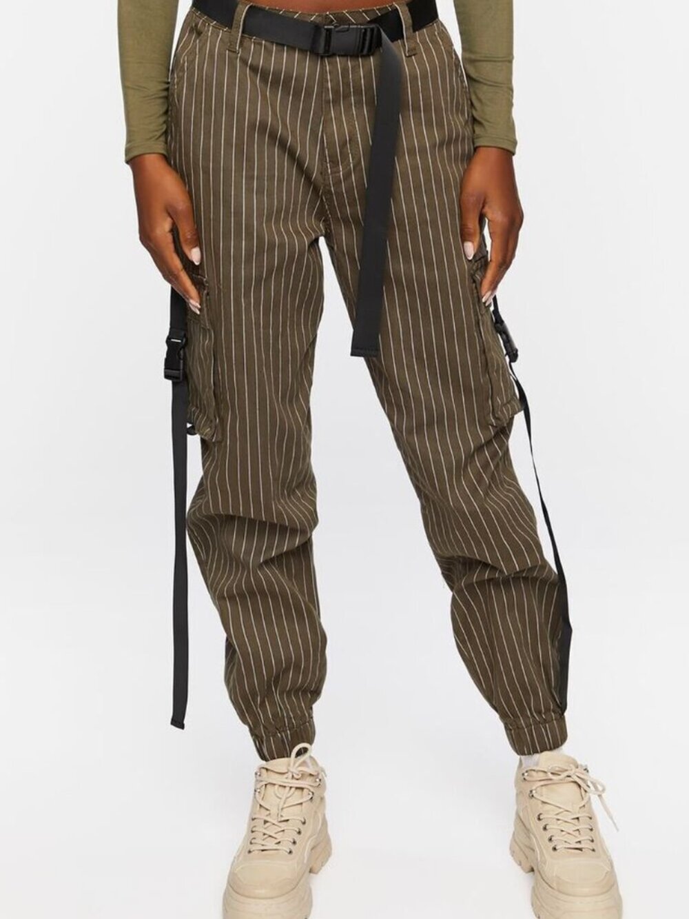 Forever 21 Olive Pinstripe Belted Cargo Pants Medium M
